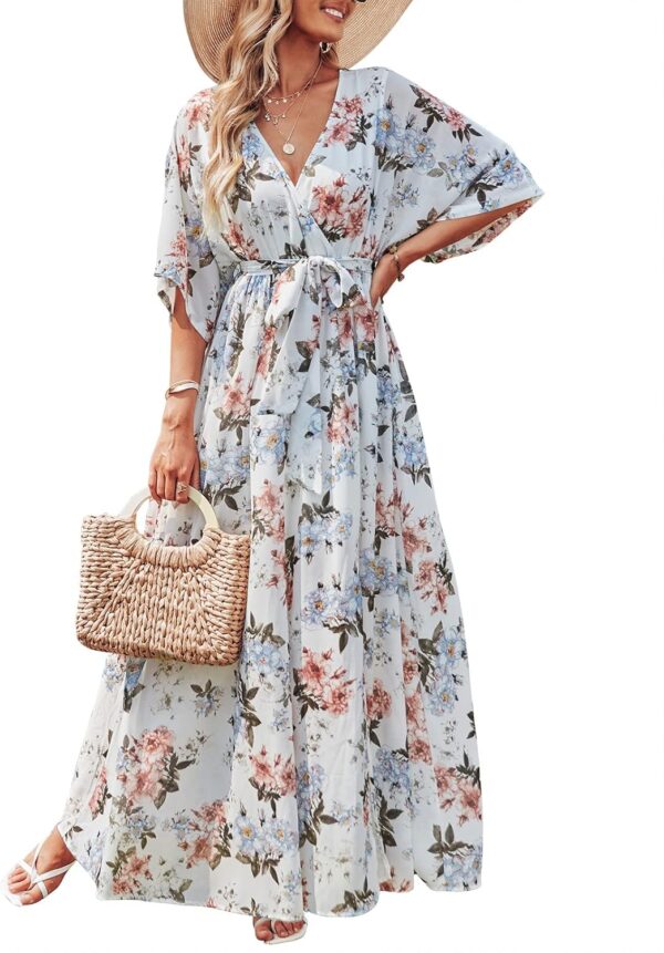 ANRABESS Women’s Summer Loose Boho Flowy Wrap V Neck 3/4 Sleeve Floral Print Slit Beach Wedding Guest Long Maxi Dresses - Image 2