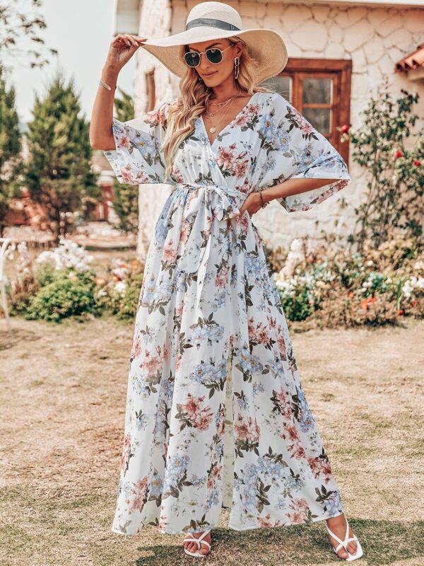 ANRABESS Women’s Summer Loose Boho Flowy Wrap V Neck 3/4 Sleeve Floral Print Slit Beach Wedding Guest Long Maxi Dresses - Image 3