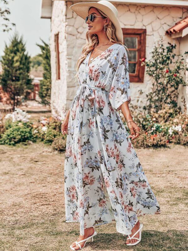 ANRABESS Women’s Summer Loose Boho Flowy Wrap V Neck 3/4 Sleeve Floral Print Slit Beach Wedding Guest Long Maxi Dresses - Image 4