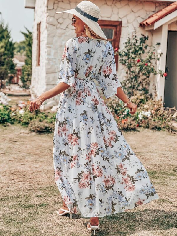 ANRABESS Women’s Summer Loose Boho Flowy Wrap V Neck 3/4 Sleeve Floral Print Slit Beach Wedding Guest Long Maxi Dresses - Image 6