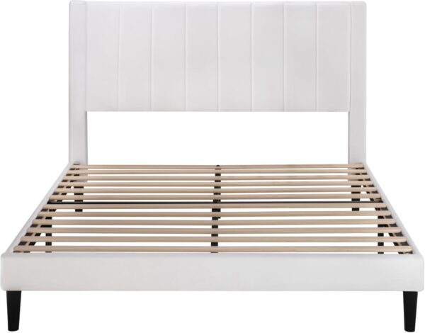 Allewie Full Platform Bed Frame/Velvet Upholstered Bed Frame with Vertical Channel Tufted Headboard/Strong Wooden Slats/Mattress Foundation/Box Spring Optional/Easy Assembly/White - Image 10