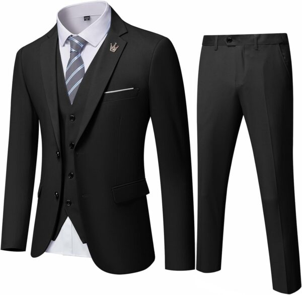 MY'S Men's 3 Piece Slim Fit Suit Set, Two Button Blazer Jacket Vest Pants with Tie, Solid Wedding Dress Tux and Trousers - Image 2