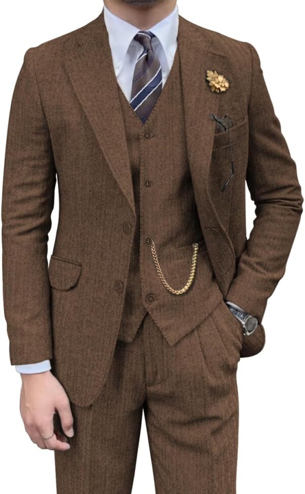 Retro Mens 3 Piece Suit Tweed Herringbone Slim Fit Suits Groomsmen Brown Tuxedos Set Prom Jacket Blazer Vest Pants for Men - Image 2