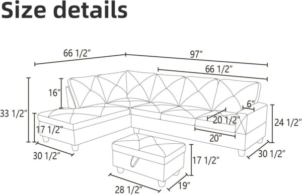 Leather Sectional Couch, Modern L Shaped Couches for Living Room, Comfy 4 Seat Modular Sectional Sofa with Ottoman Storage for Bedroom Apartment, Black - Image 3