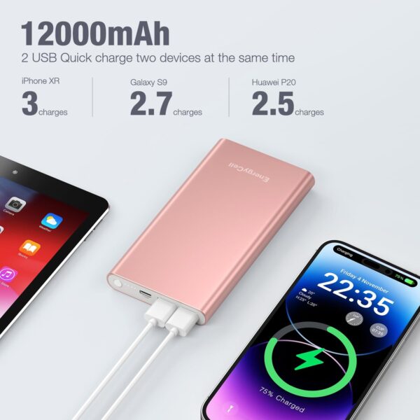 Pilot 4GS Portable Charger 12000mAh Fast Charging Power Bank Dual 3A High-Speed Output Battery Pack Compatible with iPhone 16 15 14 13 12 11 and More（Charging Cable Included (Rose Gold) - Image 5