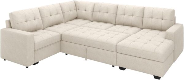 HONBAY Sleeper Sectional Sofa with Pull Out Bed, U Shaped Sectional Sleeper Couch with Storage Chaise, Convertible Sectional Sleeper Sofa Bed, Beige - Image 9