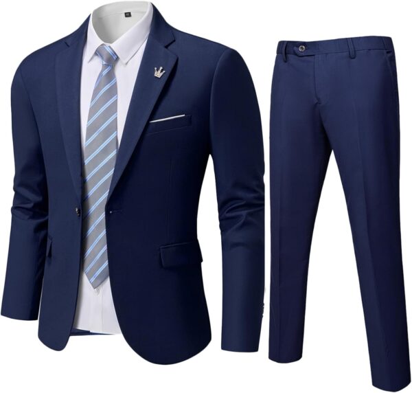 YND Men's Slim Fit 2 Piece Suit, One Button Solid Jacket Pants Set with Tie - Image 2