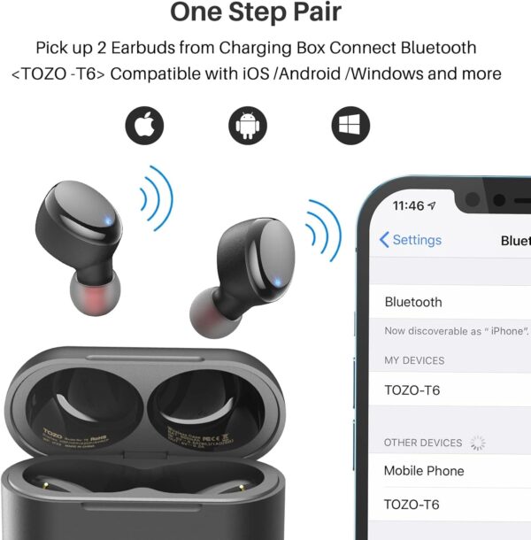 TOZO T6 True Wireless Earbuds Bluetooth 5.3 Headphones 45H Long Playtime, Wireless Charging Case, IPX8 Waterproof Stereo Earphones, Built-in Mic Calls, Headset Premium Deep Bass 32 Preset EQs via APP - Image 7