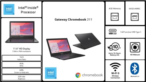 Acer Gateway Chromebook 311 CBO311-1H-C1MX Laptop | Intel Celeron N4500 | 11.6" HD (1366 x 768) Display | 4GB LPDDR4X | 64GB eMMC | Wi-Fi 5 802.11ac | Chrome OS | Star Black - Image 7