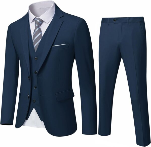 YND Men's Slim Fit 2 Button 3 Piece Suit Set, Solid Blazer Jacket Vest Pants & Tie - Image 2