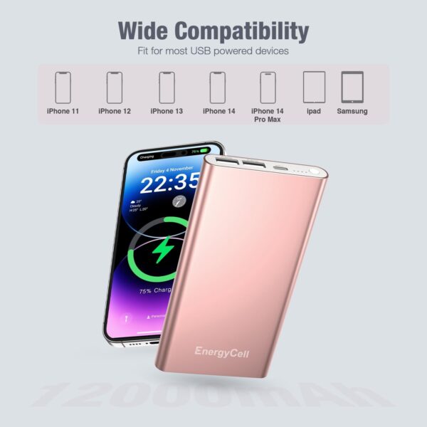 Pilot 4GS Portable Charger 12000mAh Fast Charging Power Bank Dual 3A High-Speed Output Battery Pack Compatible with iPhone 16 15 14 13 12 11 and More（Charging Cable Included (Rose Gold) - Image 7