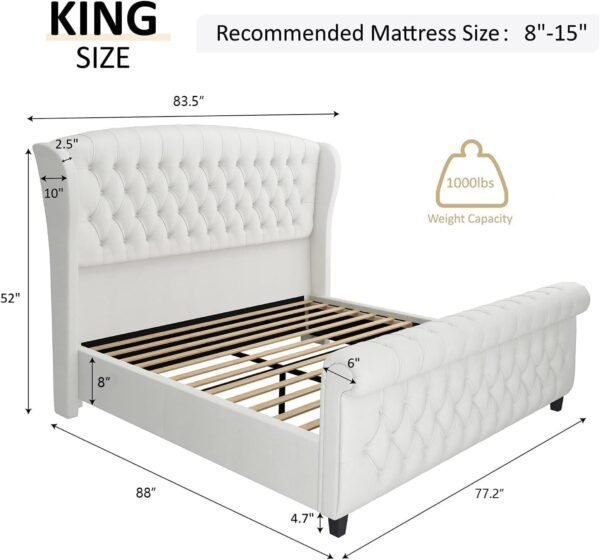 AMERLIFE King Size Platform Bed Frame, Chenille Upholstered Sleigh Bed with Scroll Wingback Headboard & Footboard/Button Tufted/No Box Spring Required/Cream - Image 3