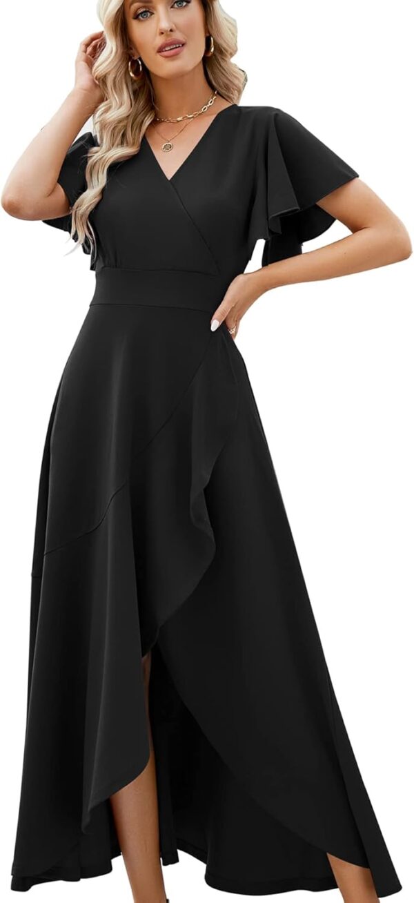 Long Black Formal Dresses for Women Gowns Evening Party Cocktail Dress,Split Elegant V Neck Wrap Ruffle Wedding Guest Dresses - Image 2