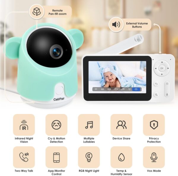 Baby Monitor with Camera and Audio, 1080P Baby Camera Monitor WiFi Smartphone App Control Night Vision 4.3” Screen 2-Way Talk Temperature & Humidity Sensor Lullabies Motion & Cry Detection iOS/Android - Image 3