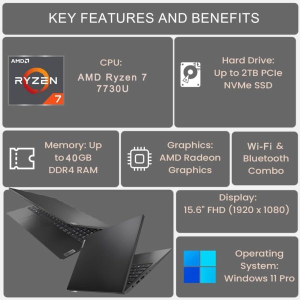 Lenovo V-Series V15 Business Laptop, 15.6" FHD Display, AMD Ryzen 7 7730U, 40GB RAM, 1TB SSD, Numeric Keypad, HDMI, RJ45, Webcam, Wi-Fi, Windows 11 Pro, Black - Image 5