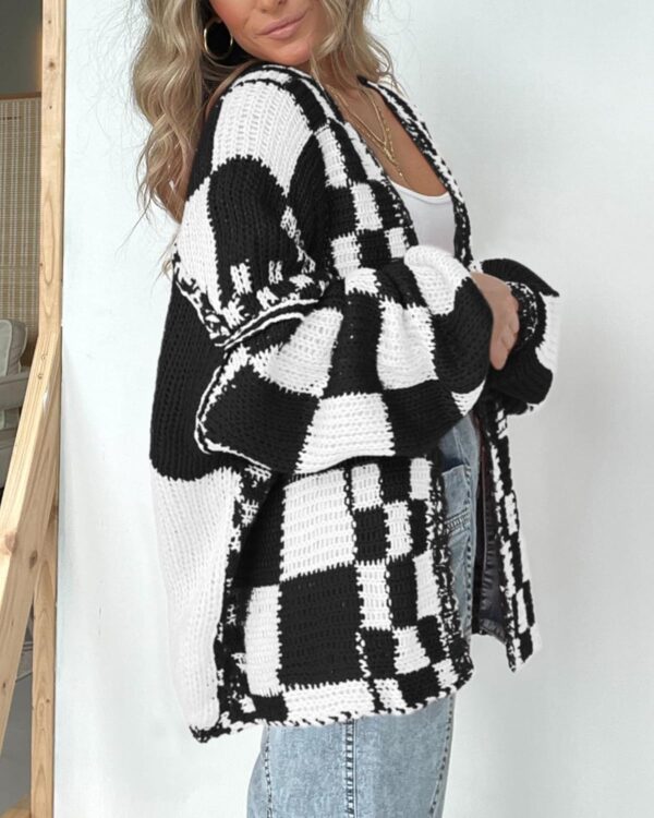 BTFBM Casual Womens Open Front Long Sleeve Chunky Knit Cardigan Sweater Checkered Knit Cardigan Sweaters Coat - Image 6