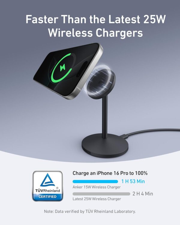 Anker MagGo iPhone 16 MagSafe-Compatible Wireless Charger Stand, 15W Fast Magnetic Wireless Charging Station, Qi2 Certified 360° Charger, for iPhone 16/15/14/13/12 Series and AirPods (No AC Adapter) - Image 4