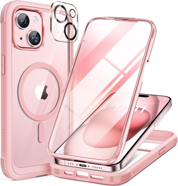 Miracase Glass Series for iPhone 15 Case [Compatible with MagSafe] Full-Body Magnetic Case with Built-in 9H Tempered Glass Anti-Fingerprint Screen Protector + Camera Lens Protector, Pink and Clear - Image 2