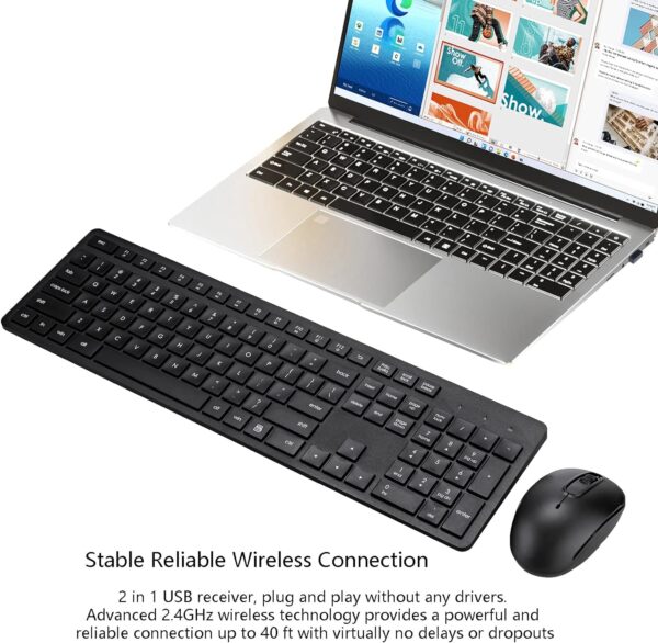 Wireless Keyboard and Mouse Combo, 2.4G Silent Cordless Keyboard Mouse Combo for Windows Chrome Laptop Computer PC Desktop, 106 Keys Full Size with Number Pad, 1600 DPI Optical Mouse (Black) - Image 3