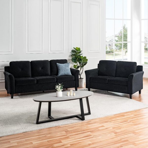 Raelynn Button Tufted Sofa &Loveseat Black Modern Sofa Set - Microfiber Living room sets for Small Spaces Sofa Cama para Sala Modernos Baratos, Durable Sturdy Living Room Furniture Tool-Free Assembly - Image 2