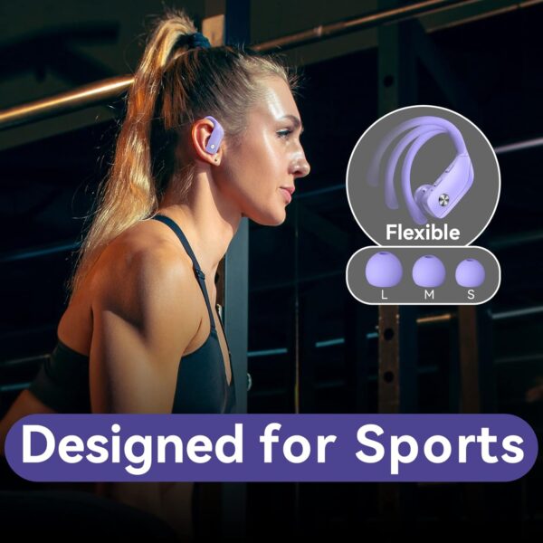 bmani Wireless Earbuds Bluetooth Headphones 48hrs Play Back Sport Earphones with LED Display Over-Ear Buds with Earhooks Built-in Mic Headset for Workout Purple - Image 7