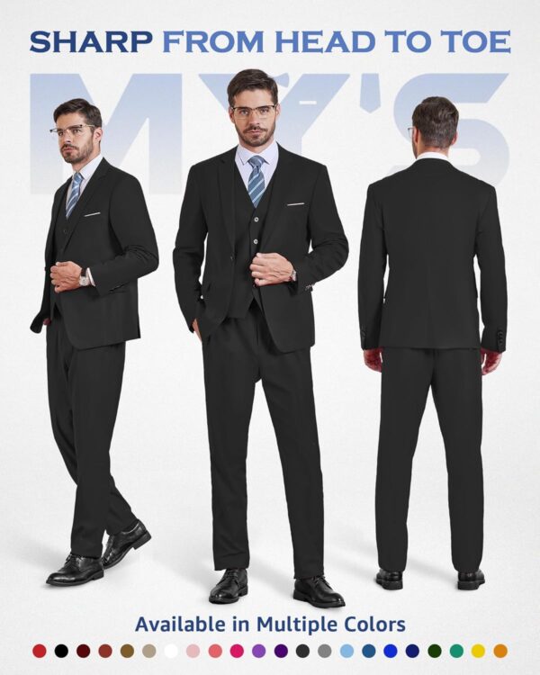 MY'S Men's 3 Piece Slim Fit Suit Set, One Button Solid Jacket Vest Pants with Tie - Image 3