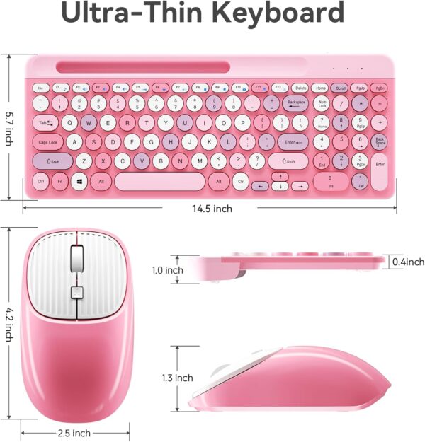 Wireless Keyboard and Mouse Combo, Retro Wireless Keyboard with Round Keycaps, 2.4GHz Full-Size USB Cute Wireless Keyboard Mouse for Computer, Desktop, Laptop and Computer (Pink-Colorful) - Image 6