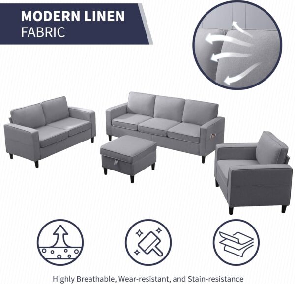 ijuicy 6 Seat Sectional Sofa Set w/Ottoman,3 Seat Couch & Loveseat Sofa & Armchair with Side Pockets & Movable Storage Ottoman, 3PCS Modern Couch Set Living Room Furniture Set(3+2+1Seat/Light Grey) - Image 7