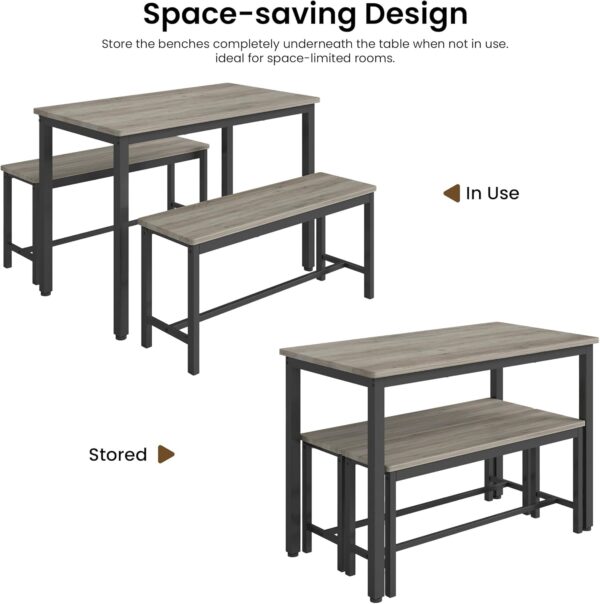 Dining Table Set for 4, Kitchen Room Table Set with 2 Benches, 3-Piece Dining Chairs Set for Breakfast Nook, Grey - Image 7