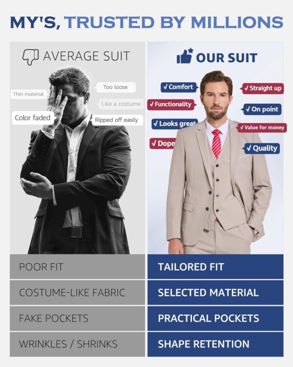 MY'S Men's 3 Piece Slim Fit Suit Set, Two Button Blazer Jacket Vest Pants with Tie, Solid Wedding Dress Tux and Trousers - Image 5