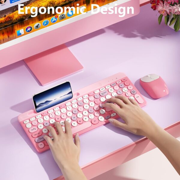 Wireless Keyboard and Mouse Combo, Retro Wireless Keyboard with Round Keycaps, 2.4GHz Full-Size USB Cute Wireless Keyboard Mouse for Computer, Desktop, Laptop and Computer (Pink-Colorful) - Image 7