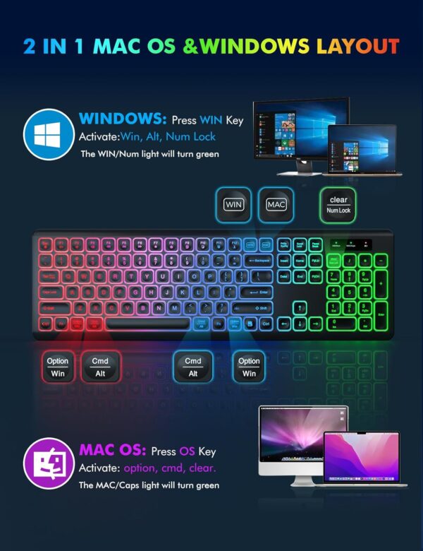 Wireless Keyboard and Mouse Combo - RGB Backlit, Rechargeable & Light Up Letters, Full-Size, Ergonomic Tilt Angle, Sleep Mode, 2.4GHz Quiet Keyboard Mouse for Mac, Windows, Laptop, PC, Trueque - Image 8