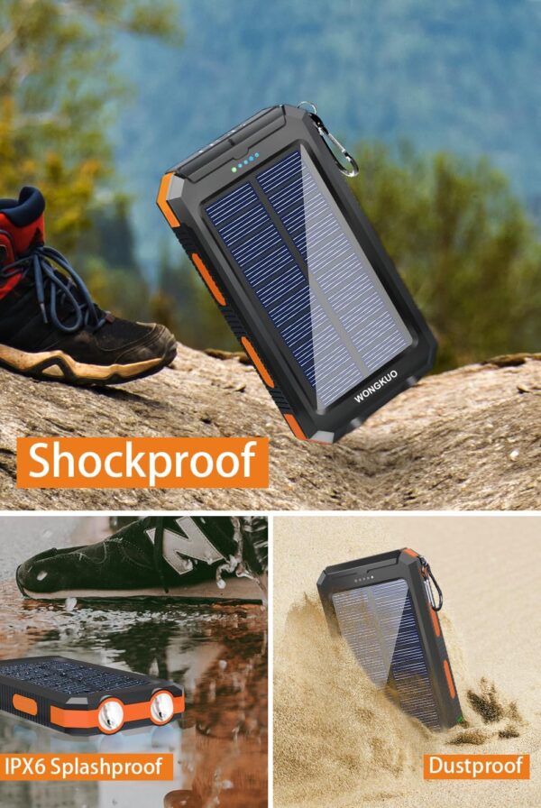 WONGKUO Solar Charger Power Bank - 𝟮𝟬𝟮𝟰 𝙐𝙥𝙜𝙧𝙖𝙙𝙚 36800mAh Solar Phone Charger, QC3.0 Fast Charger with LED Flashlight, IP65 Waterproof Portable Power Bank for Outdoor Activities - Image 7