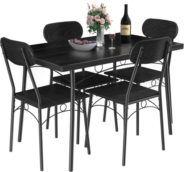 VECELO Dining Table Set for 4, 5 Piece Dinette with Chairs for Kitchen, Breakfast Nook and Small Space, Black - Image 2