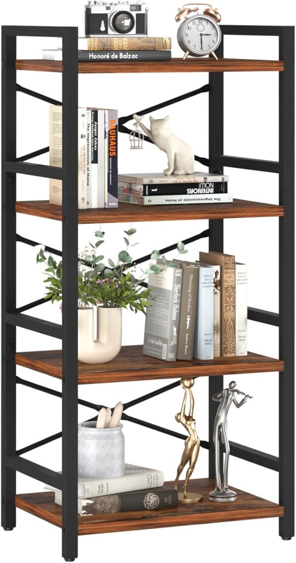 Yoobure 4 Tier Bookshelf - Small Book Shelf Industrial Bookcase, Narrow Book Case Book Storage Organizer for CD/Movie/Book, Bookshelves for Bedroom Office Living Room Berry Brown - Image 2