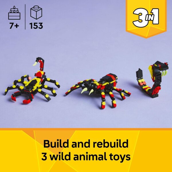 LEGO Creator 3 in 1 Wild Animals Surprising Spider Toy - Building Toy with 3 Build Options, Spider, Scorpion, or Snake - Animal Figures for Kids, Boys & Girls, Ages 7+ - Gift Idea for Birthday - 31159 - Image 3