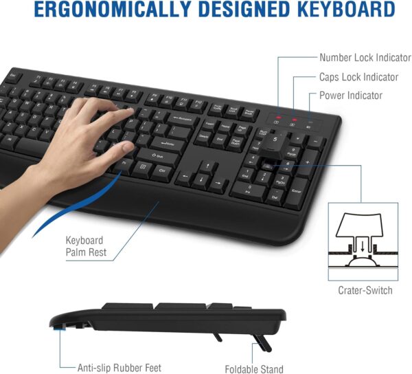 EDJO Wireless Keyboard, 2.4G Ergonomic Full Size Wireless Computer Keyboard with Wrist Rest for Windows, Mac OS Desktop/Laptop/PC（Black） - Image 3