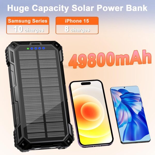 WONGKUO Solar Charger Power Bank - 49800mAh Solar Phone Charger with USB-C in/Output, QC 3.0 Fast Charging with LED Flashlight, Portable Power Bank Built-in 4 Cables, IP65 Waterproof Fits for Outdoor - Image 5