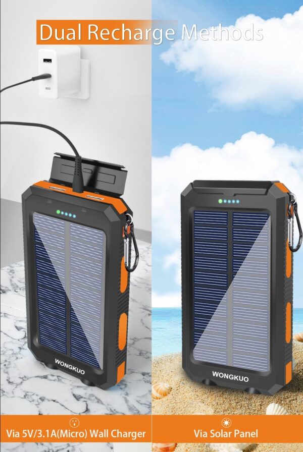 WONGKUO Solar Charger Power Bank - 𝟮𝟬𝟮𝟰 𝙐𝙥𝙜𝙧𝙖𝙙𝙚 36800mAh Solar Phone Charger, QC3.0 Fast Charger with LED Flashlight, IP65 Waterproof Portable Power Bank for Outdoor Activities - Image 4