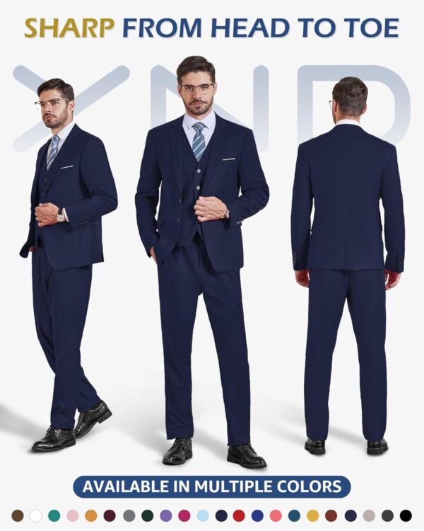 YND Men's Slim Fit 2 Button 3 Piece Suit Set, Solid Blazer Jacket Vest Pants & Tie - Image 3