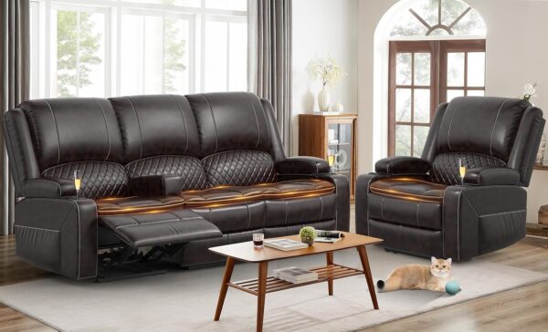 3 Seater Recliner Sofa Set with 2-Tier Cushion, 3+1 Pieces in Living Room, 3 Seater Reclining Couch Leather with Removable Console, 1 Oversize Recliner Chair Sofa Seat - Image 2