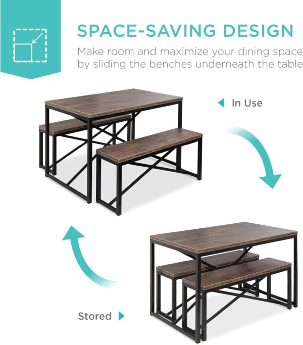 Best Choice Products 45.5in 3-Piece Bench Style Dining Furniture Set, 4-Person Space-Saving Dinette for Kitchen, Dining Room w/ 2 Benches, Table - Brown/Black - Image 6