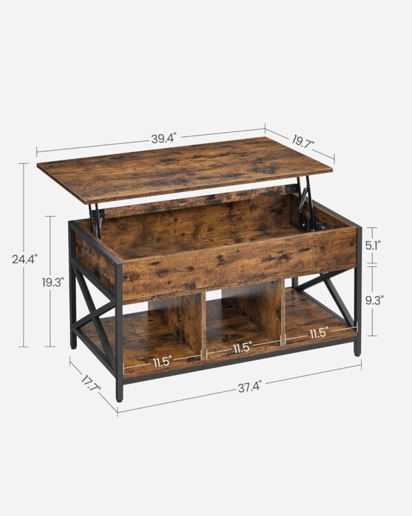 VASAGLE Lift Top Coffee Table, Lift Coffee Table with Storage Shelf, Hidden Compartments and Lifting Top, for Living Room, Office, 19.7 x 39.4 x (19.3-24.4) Inches, Rustic Brown and Black ULCT202B01 - Image 3