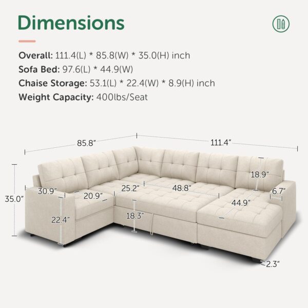 HONBAY Sleeper Sectional Sofa with Pull Out Bed, U Shaped Sectional Sleeper Couch with Storage Chaise, Convertible Sectional Sleeper Sofa Bed, Beige - Image 3