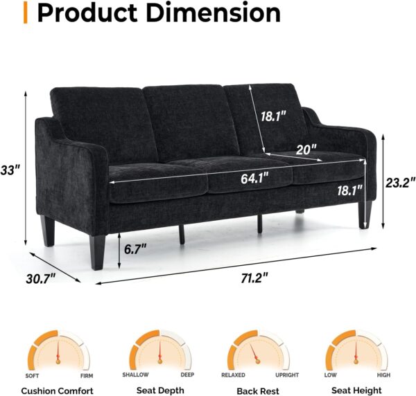 VINGLI Loveseat Sofa Set for Living Room, Mid-Century Modern Couch and Love Seat Set,53" Loveseat+71" Small Couch for Bedroom Sofa Furniture for Small Spaces Apartment (Black) - Image 3