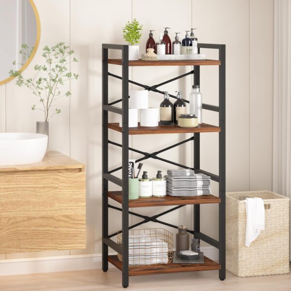 Yoobure 4 Tier Bookshelf - Small Book Shelf Industrial Bookcase, Narrow Book Case Book Storage Organizer for CD/Movie/Book, Bookshelves for Bedroom Office Living Room Berry Brown - Image 9