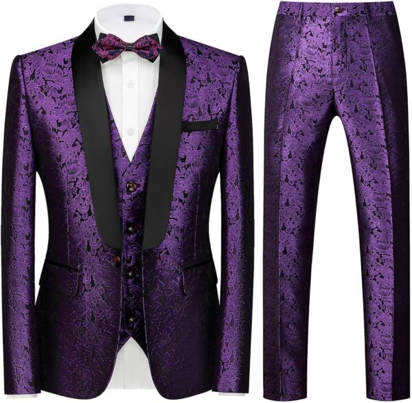 KUDORO Mens Suits Slim Fit 3 Piece Tuxedo Suit Set for Prom Wedding Party Paisley Jacket Vest Pants Homecoming Outfit - Image 2