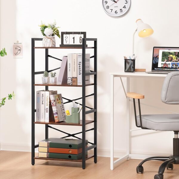 Yoobure 4 Tier Bookshelf - Small Book Shelf Industrial Bookcase, Narrow Book Case Book Storage Organizer for CD/Movie/Book, Bookshelves for Bedroom Office Living Room Berry Brown - Image 3