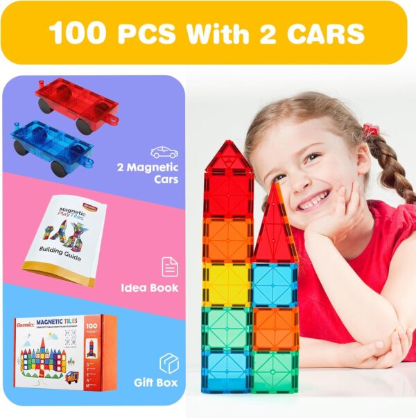 Gemmicc Magnetic Tiles 100 PCS with 2 Cars, STEM Approved Educational Magnet BuildingToys, Magnet Puzzles Stacking Blocks for Boys Girls - Image 3