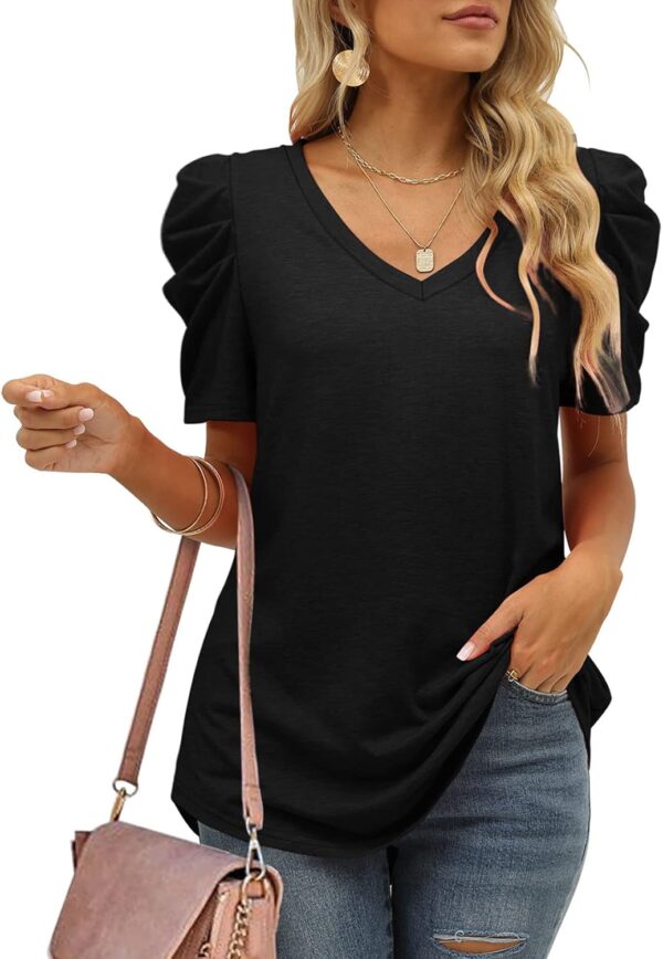 XIEERDUO Womens Summer Shirt V Neck Casual Tshirts Puff Sleeve Tops for Women Solid Color XS-3XL - Image 3